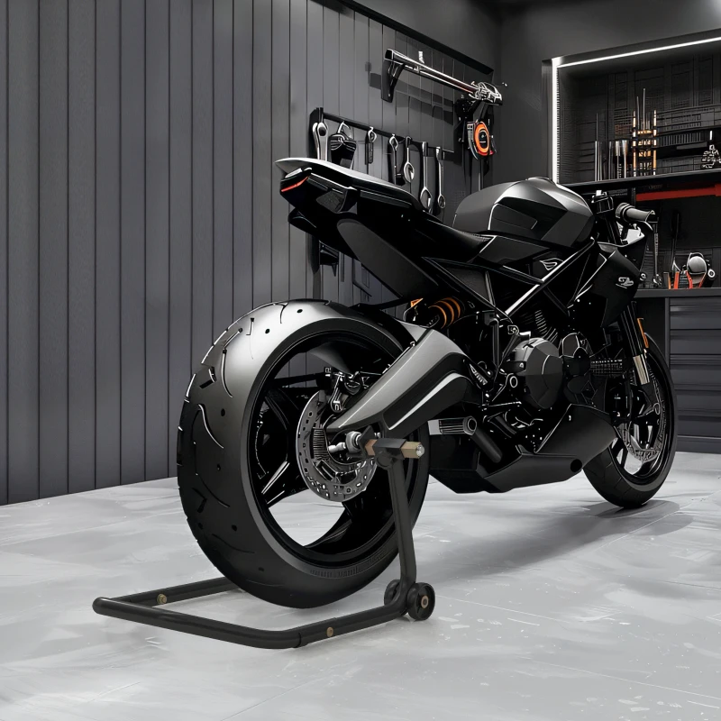 Black sport bike supported by dual motorcycle stand in modern garage.