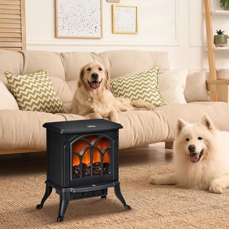 Two dogs relaxing by electric fireplace in cozy living room
