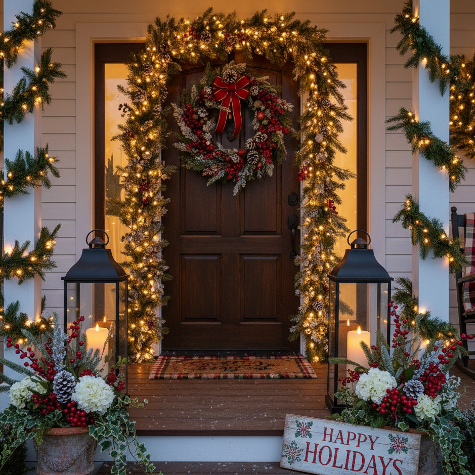 Front porch decorated with Christmas wreath, garlands, candles, and lights