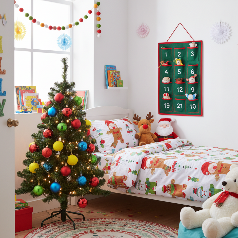 Colourful kids’ bedroom with small Christmas tree and festive bedding