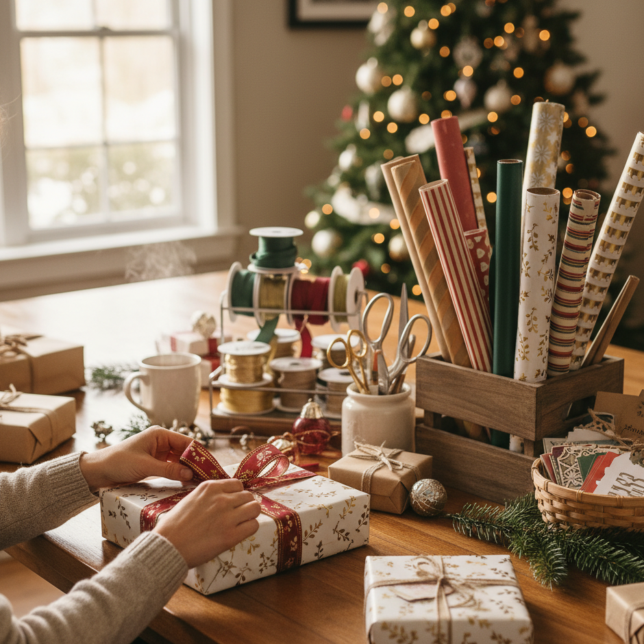 Gift wrapping station with paper rolls, ribbons, and wrapped Christmas presents