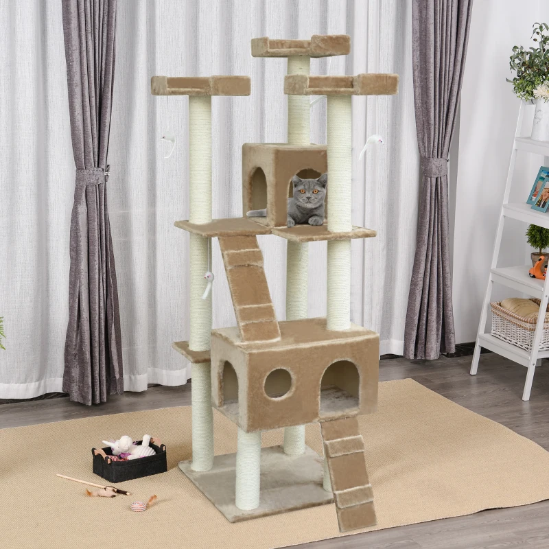 Tall beige cat tree with multiple levels, ramps, condos, and a cat sitting inside the upper cubby.