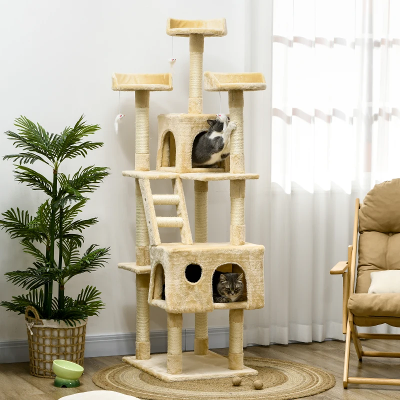Large beige multi-tier cat tower with ladders, condos, perches, and multiple playful cats.