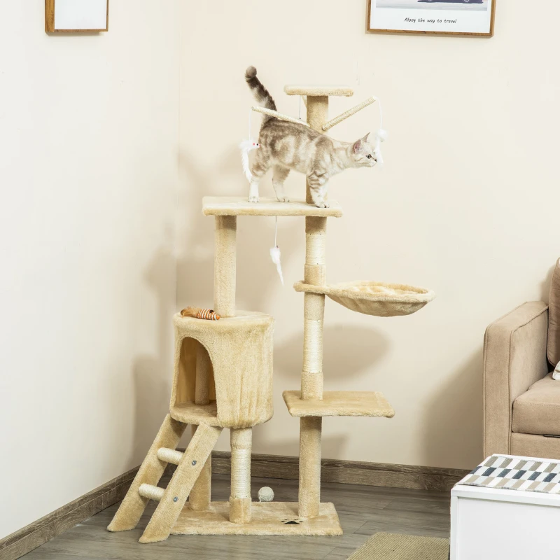 Beige cat tree featuring ladder, hammock, perches, condo, and a cat exploring the top level.