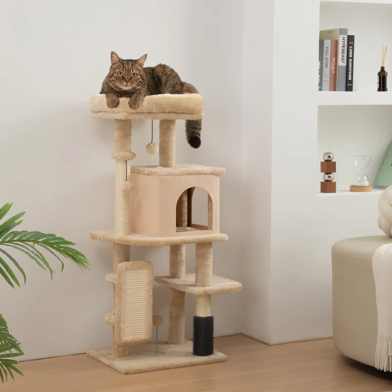 Beige cat tree featuring a condo, top perch, scratch board, and built-in grooming brush.