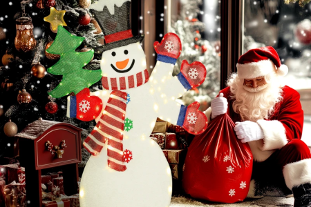 snowman near Santa and Christmas tree.