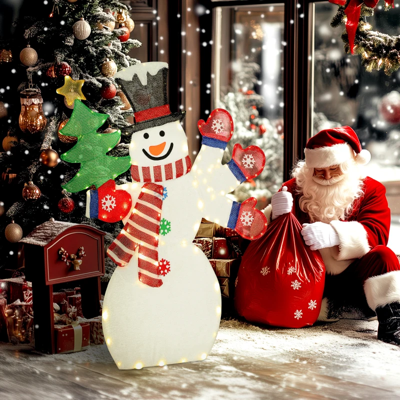 Snowman Decoration Ideas Clever Ways glowing snowman near Santa and Christmas tree.