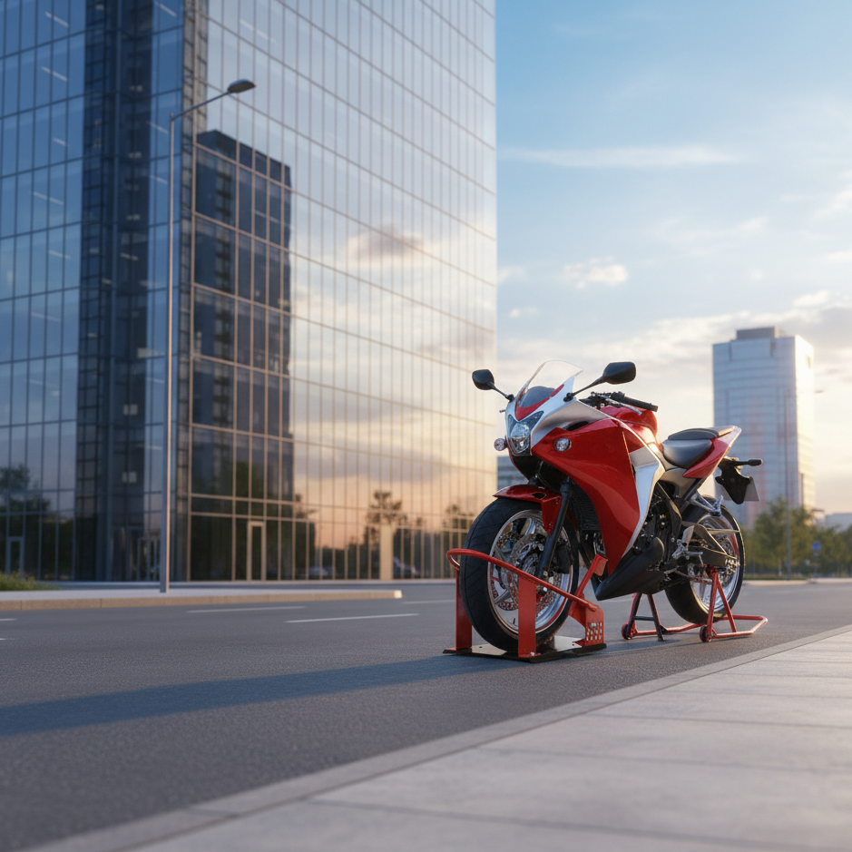 Red motorcycle parked securely on adjustable front wheel chock in urban setting.