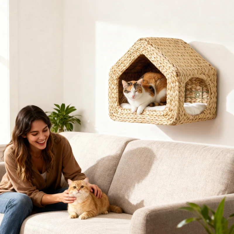 Cat lounging inside wall-mounted woven cat house above sofa.