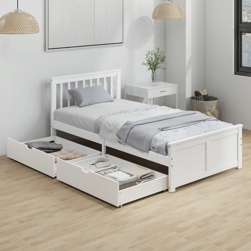 White twin daybed with under-bed drawers in bright modern bedroom.