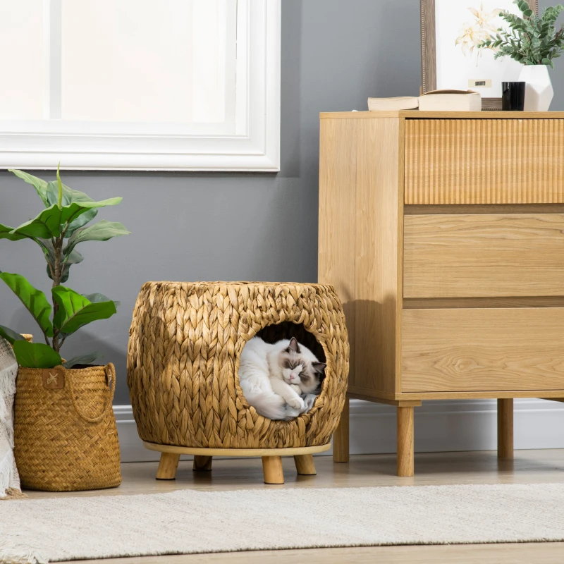 Cat sleeping inside round woven wicker dome bed.