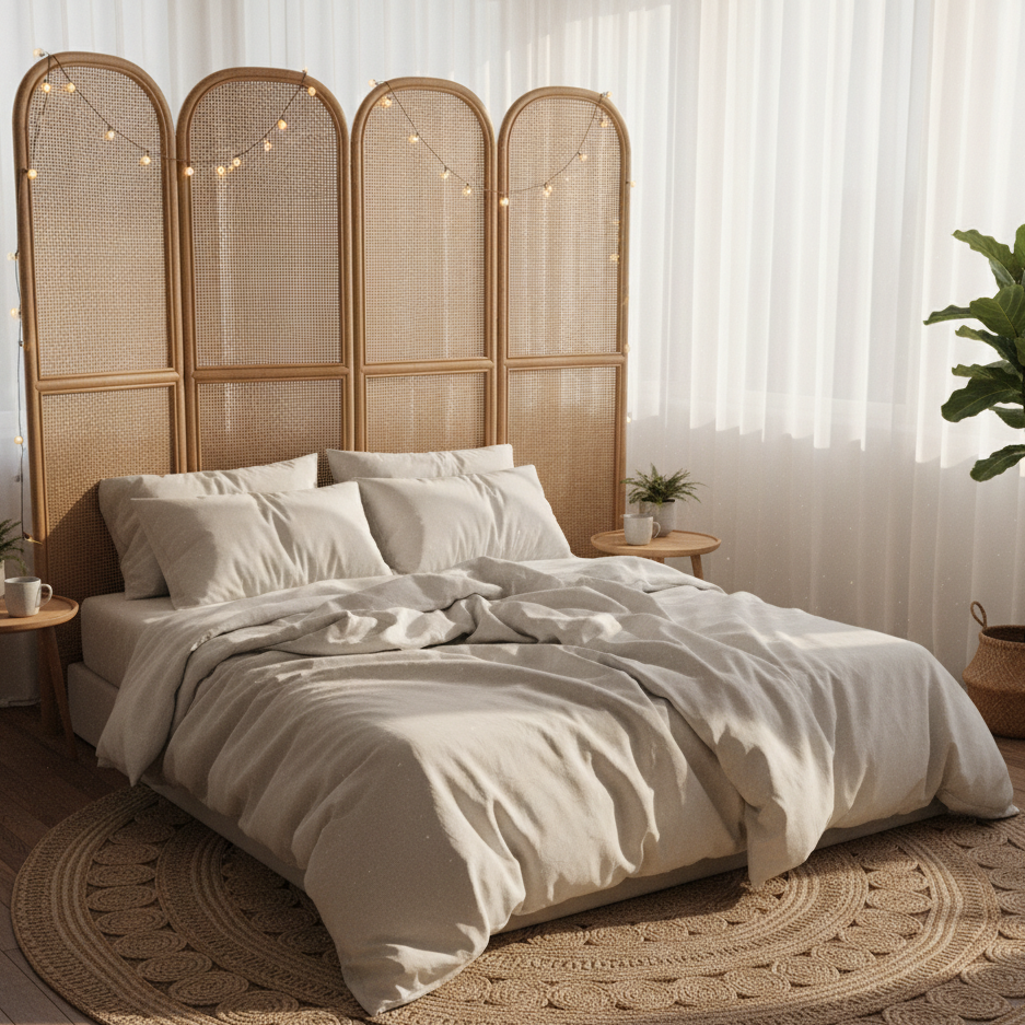 Neutral bedroom with rattan folding screen headboard and soft bedding in natural light.