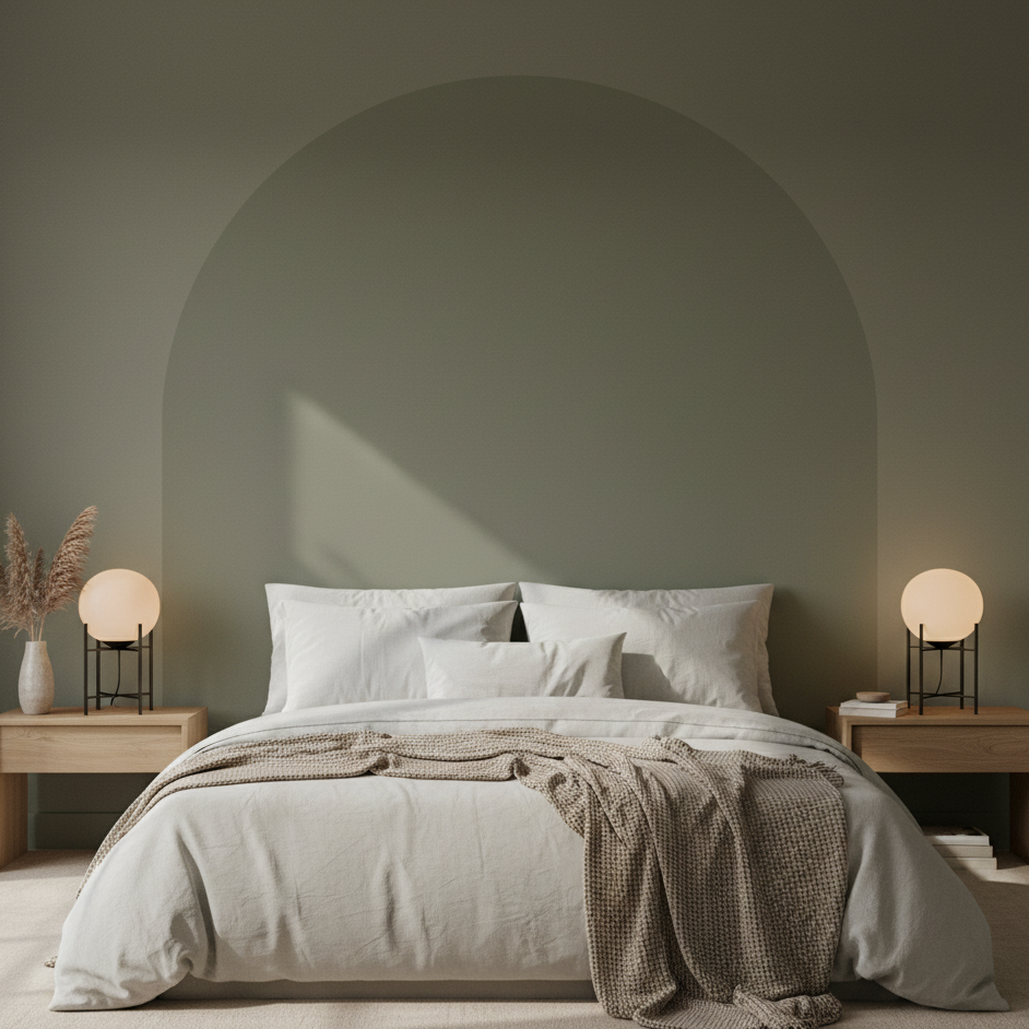 Bedroom featuring bold gold patterned wallpaper acting as a statement headboard.