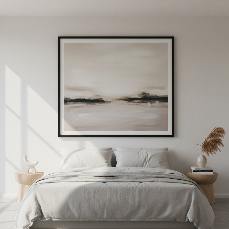 Bedroom with large framed botanical art pieces used as creative headboard décor.