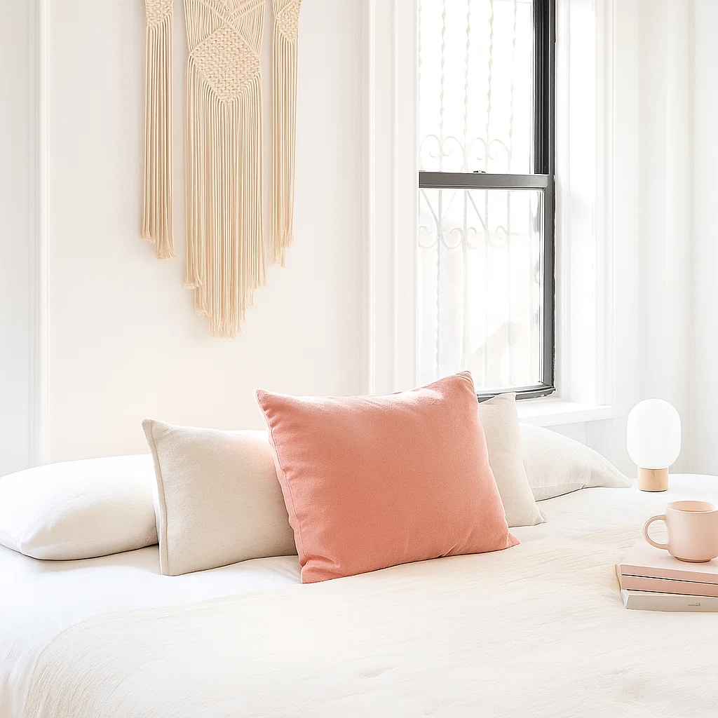 Textured macramé wall hanging creating a natural, artisanal headboard accent.