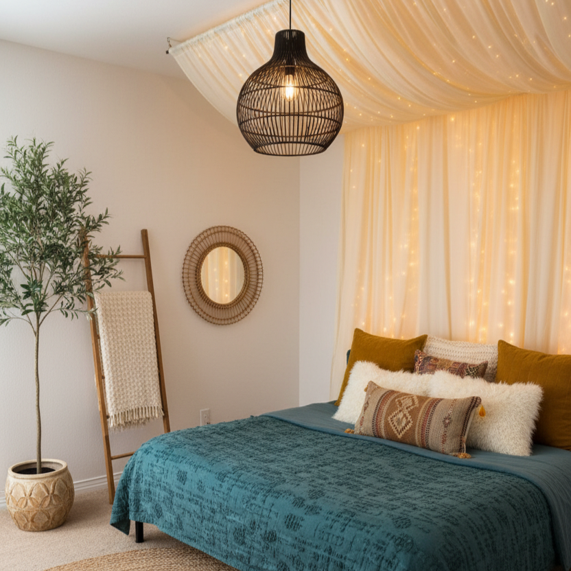 Romantic bedroom with sheer curtains and fairy lights behind the bed.