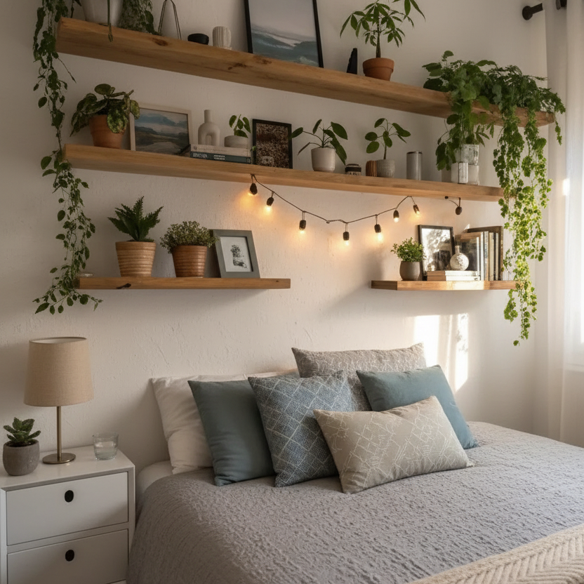 Wooden floating shelf above bed displaying candles and minimal décor accents.