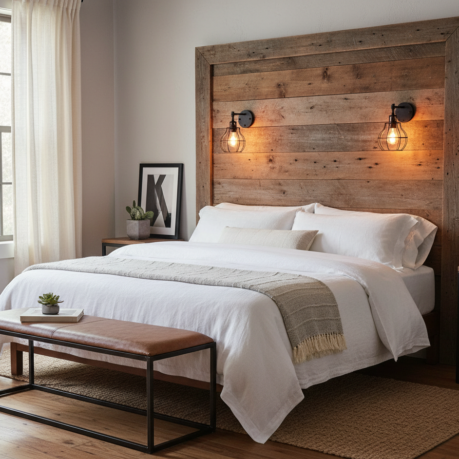 Rustic wooden headboard with wall sconces in a cosy modern farmhouse bedroom.
