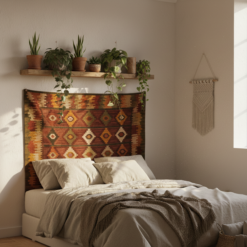 Boho-style bedroom with patterned rug hanging above bed as a decorative headboard.