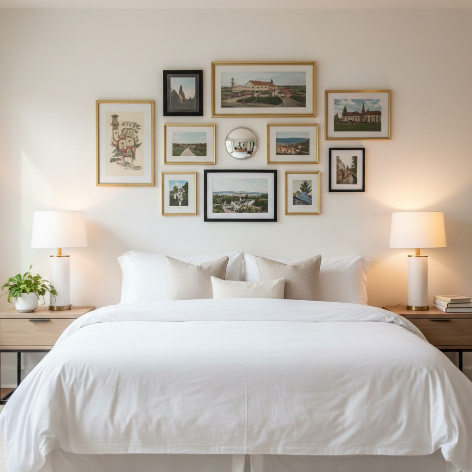 Framed artwork and photographs arranged above bed for a stylish gallery headboard.