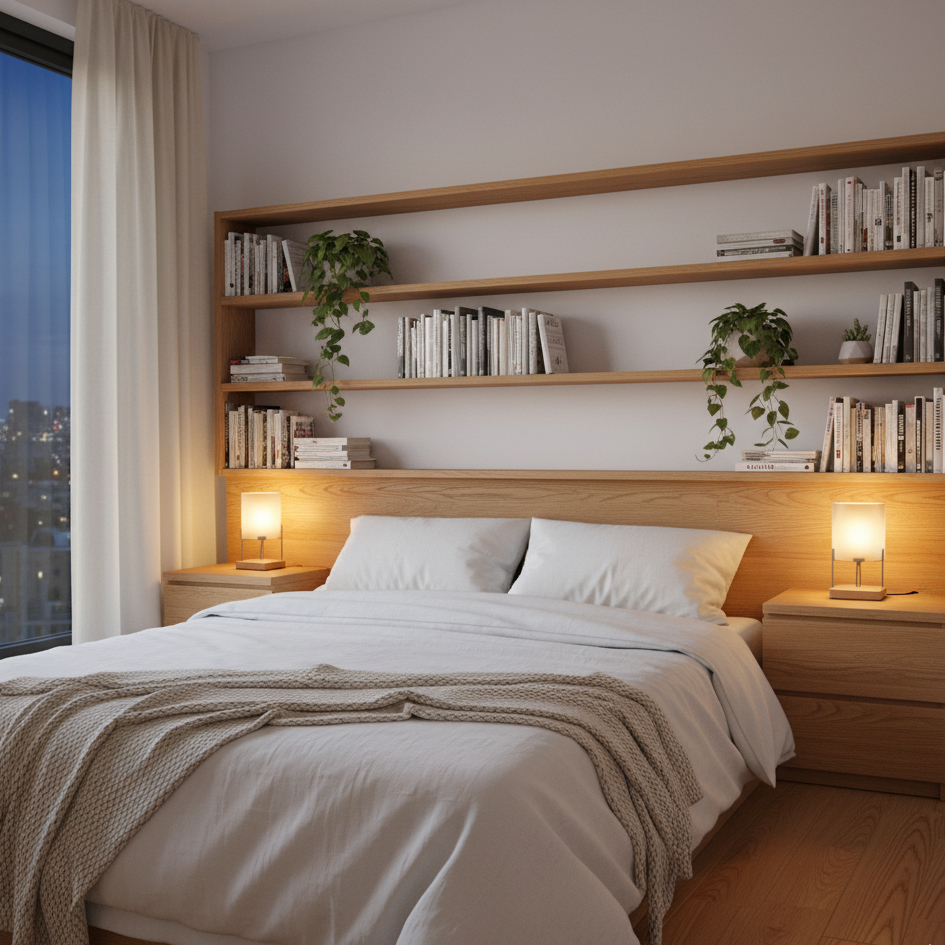 Bedroom with wooden bed and matching headboard shelving for books and plants.