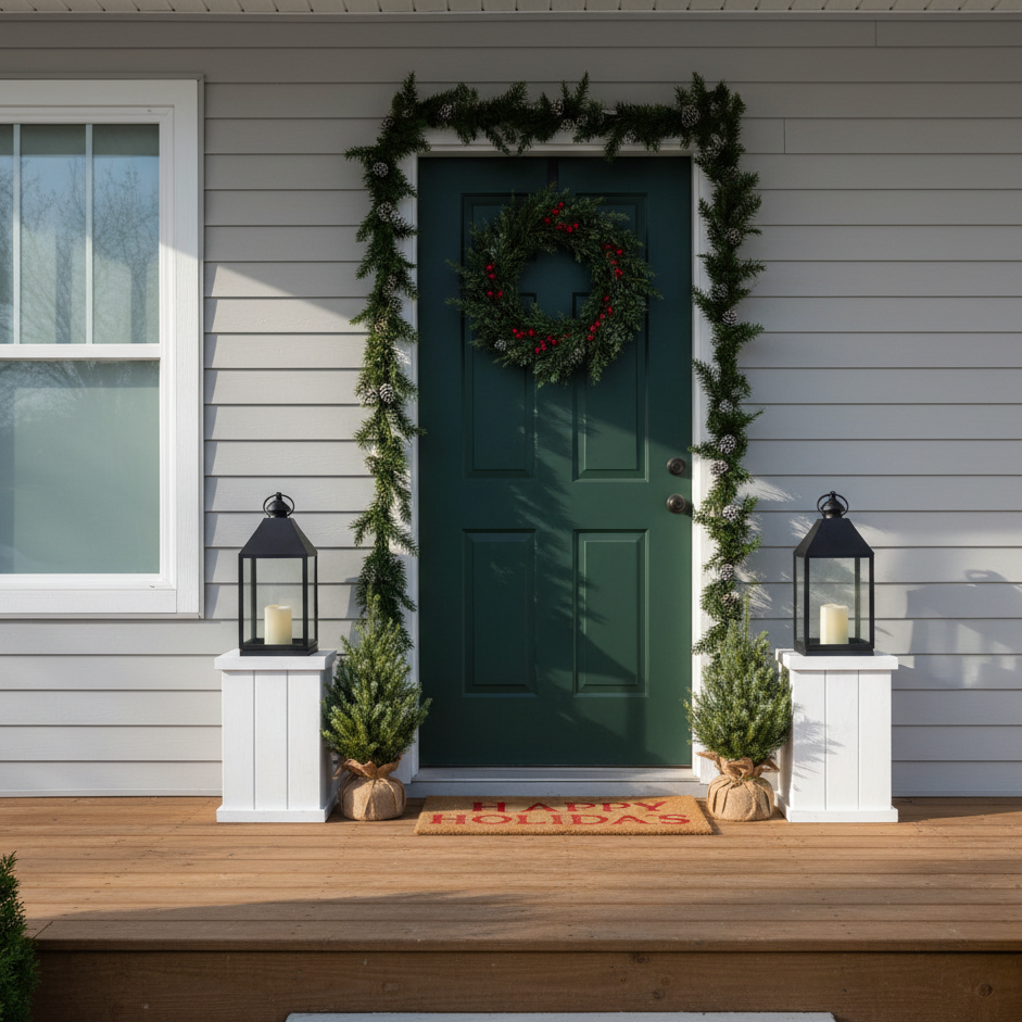 Simple green front door framed with garland, lanterns, and wreath