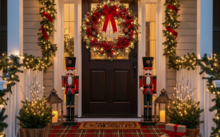 Front porch decorated with garlands, nutcrackers, and festive wreath