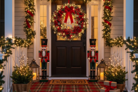 Front porch decorated with garlands, nutcrackers, and festive wreath