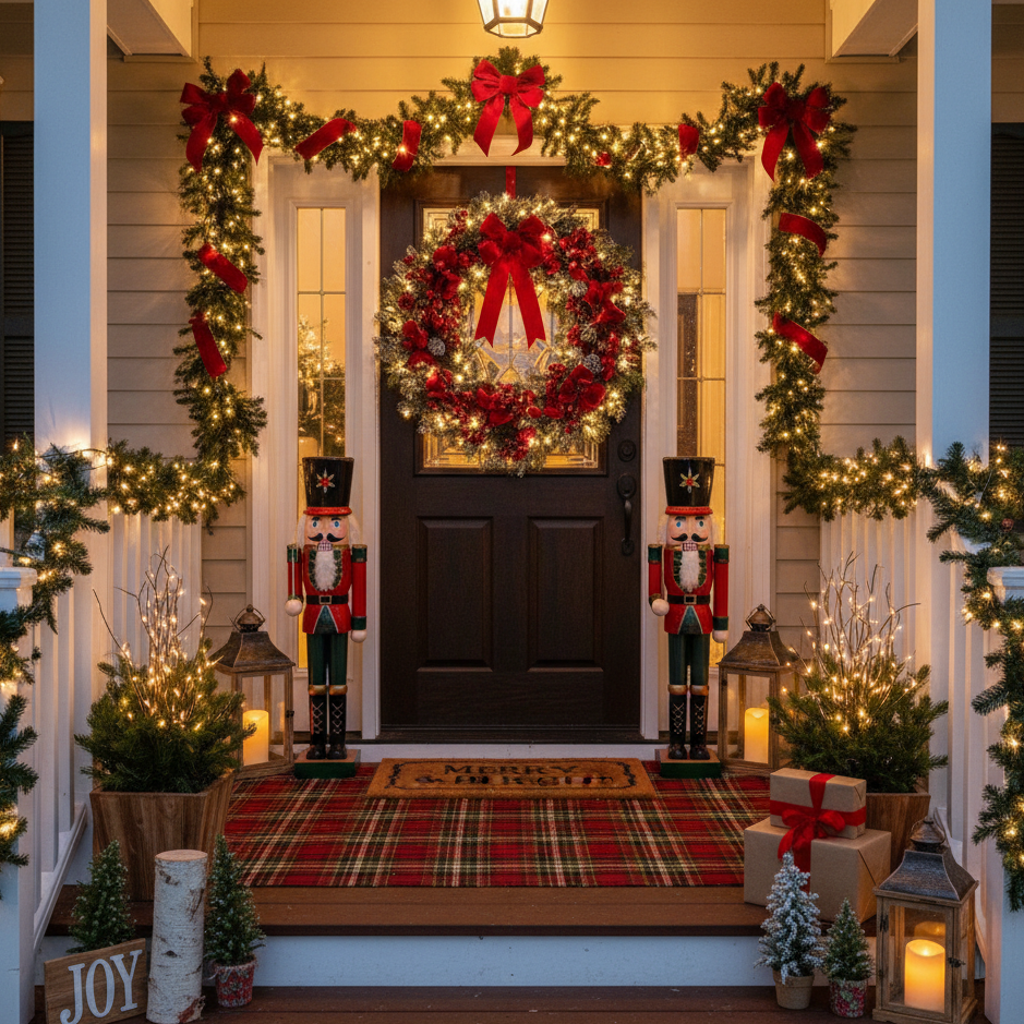 Front porch decorated with garlands, nutcrackers, and festive wreath