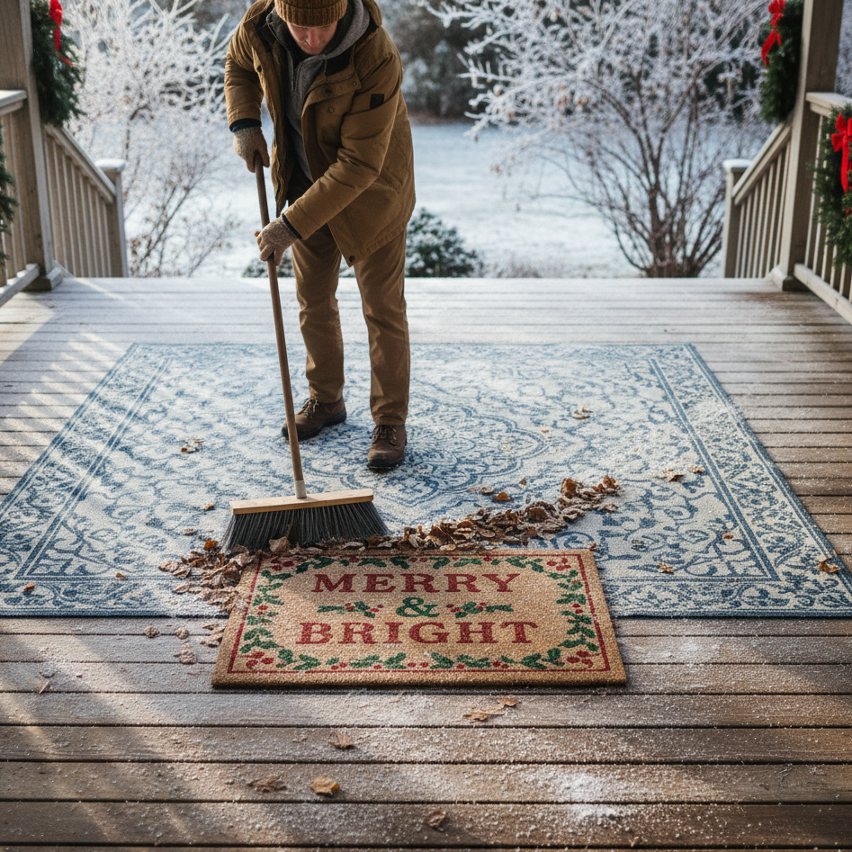 Person sweeping porch with “Merry & Bright” doormat before decorating