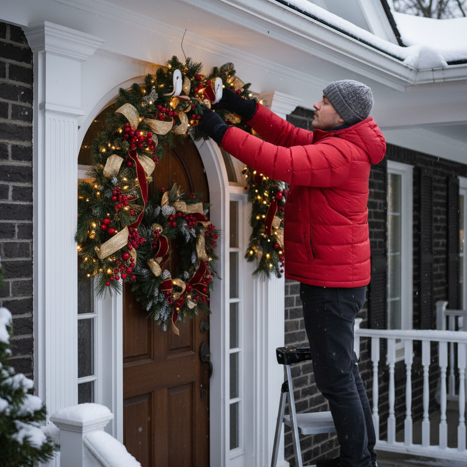 Person hanging pre-lit garlands and wreath above doorway for Christmas