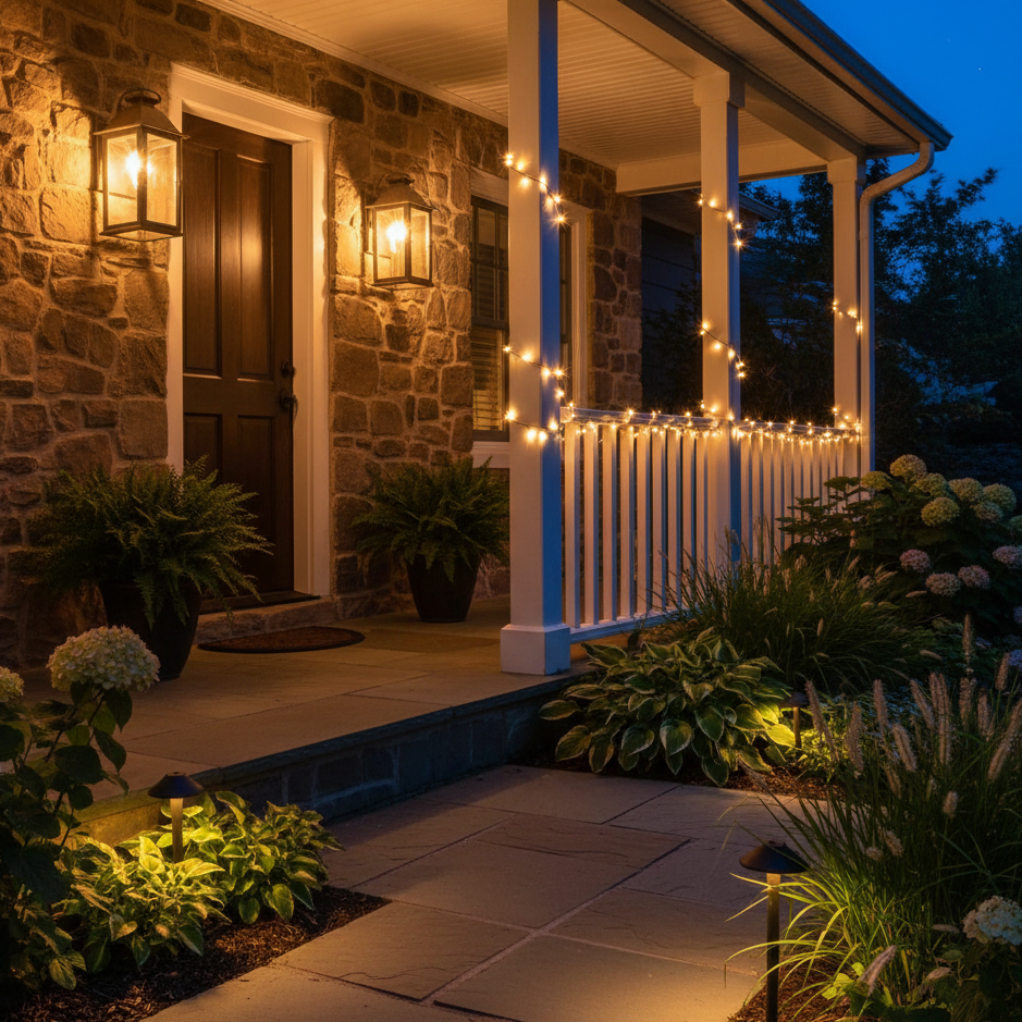 Front porch at night lit with warm fairy lights and glowing lanterns