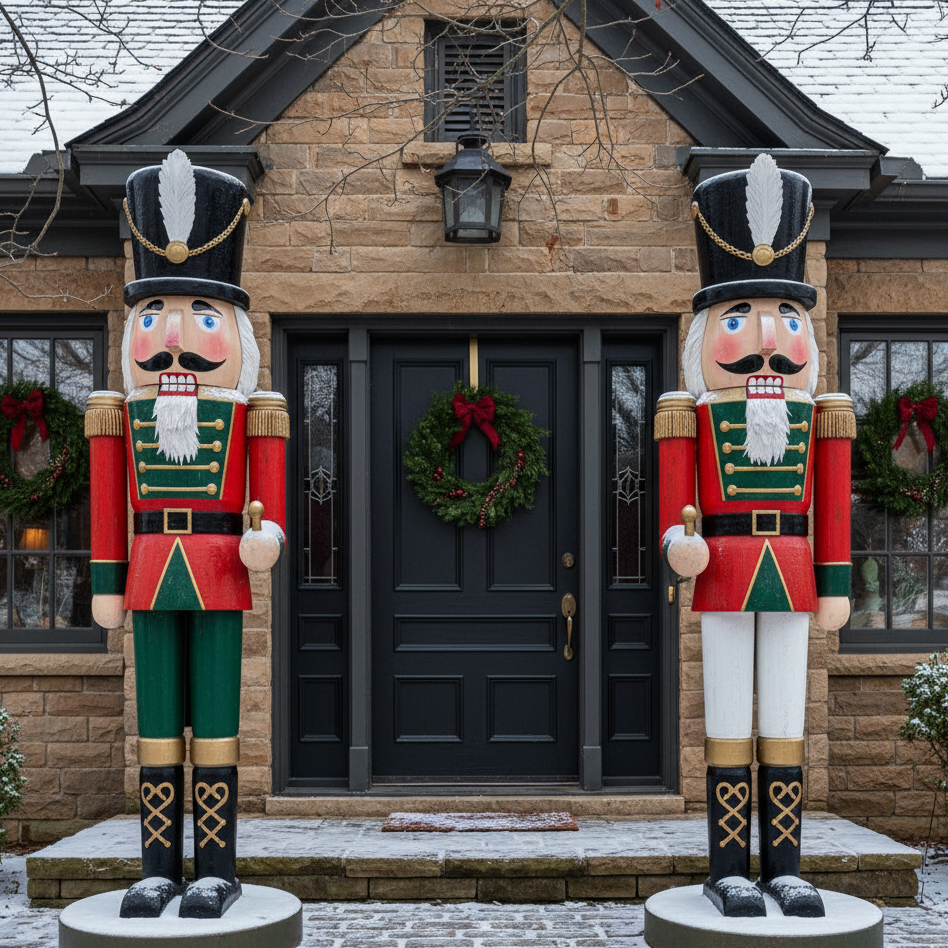 Pair of giant nutcrackers guarding a classic Christmas front door