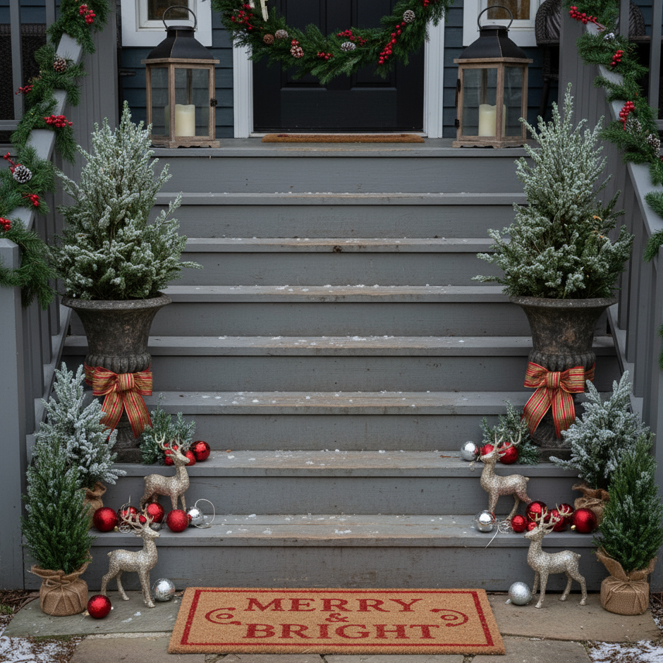 Front steps decorated with mini trees, reindeer, and “Merry & Bright” mat