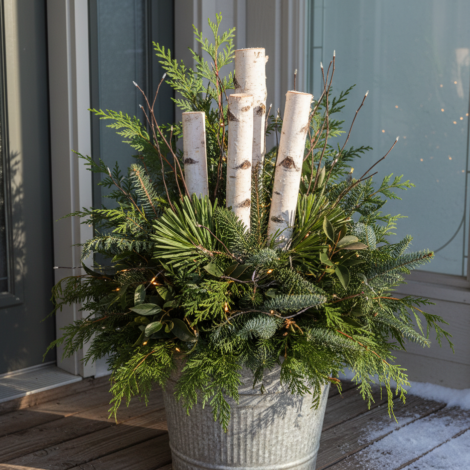 Winter porch planter with evergreen branches and birch logs in metal pot