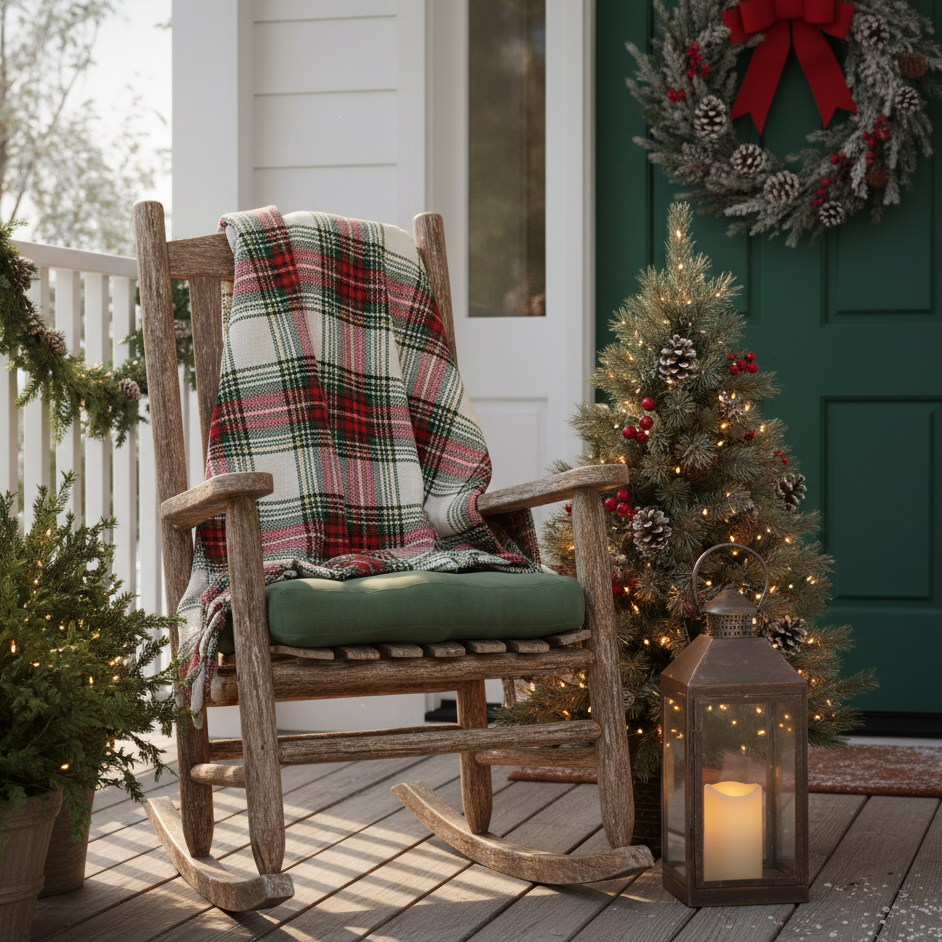 Rustic porch rocking chair with plaid blanket and Christmas décor