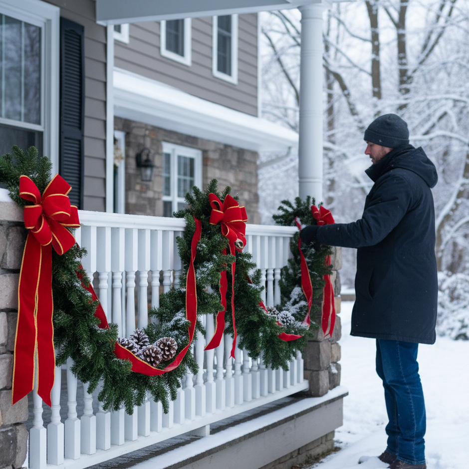 Man hanging evergreen garlands with red bows on snowy porch railing