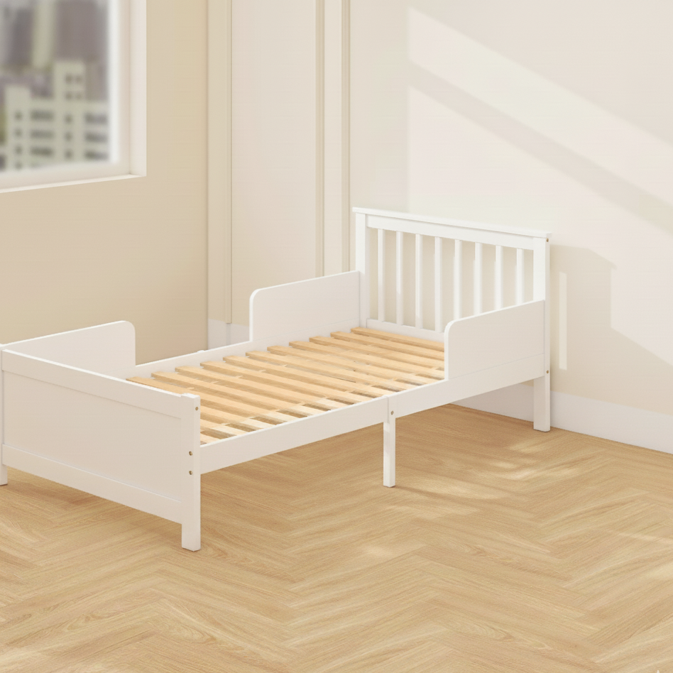 White wooden bed frame with guard rails in a bright modern bedroom.