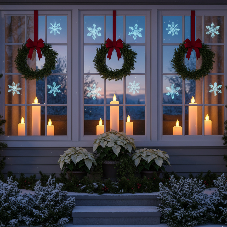 Windows decorated with wreaths, candles, and snowflake ornaments
