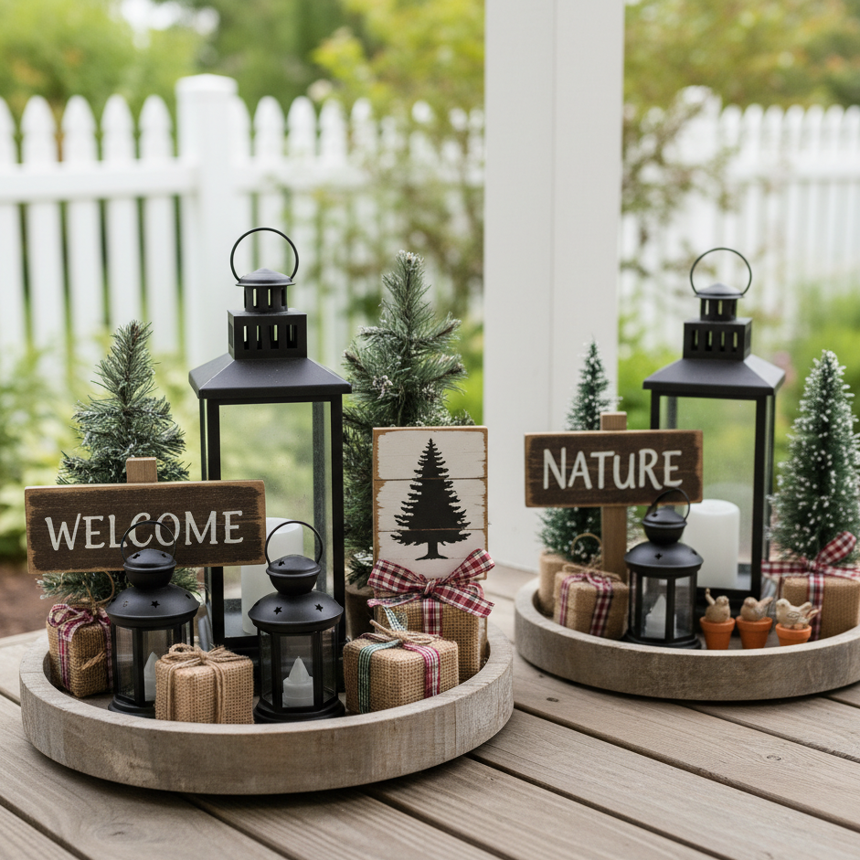 Wooden trays with lanterns, mini trees, and wrapped Christmas gifts