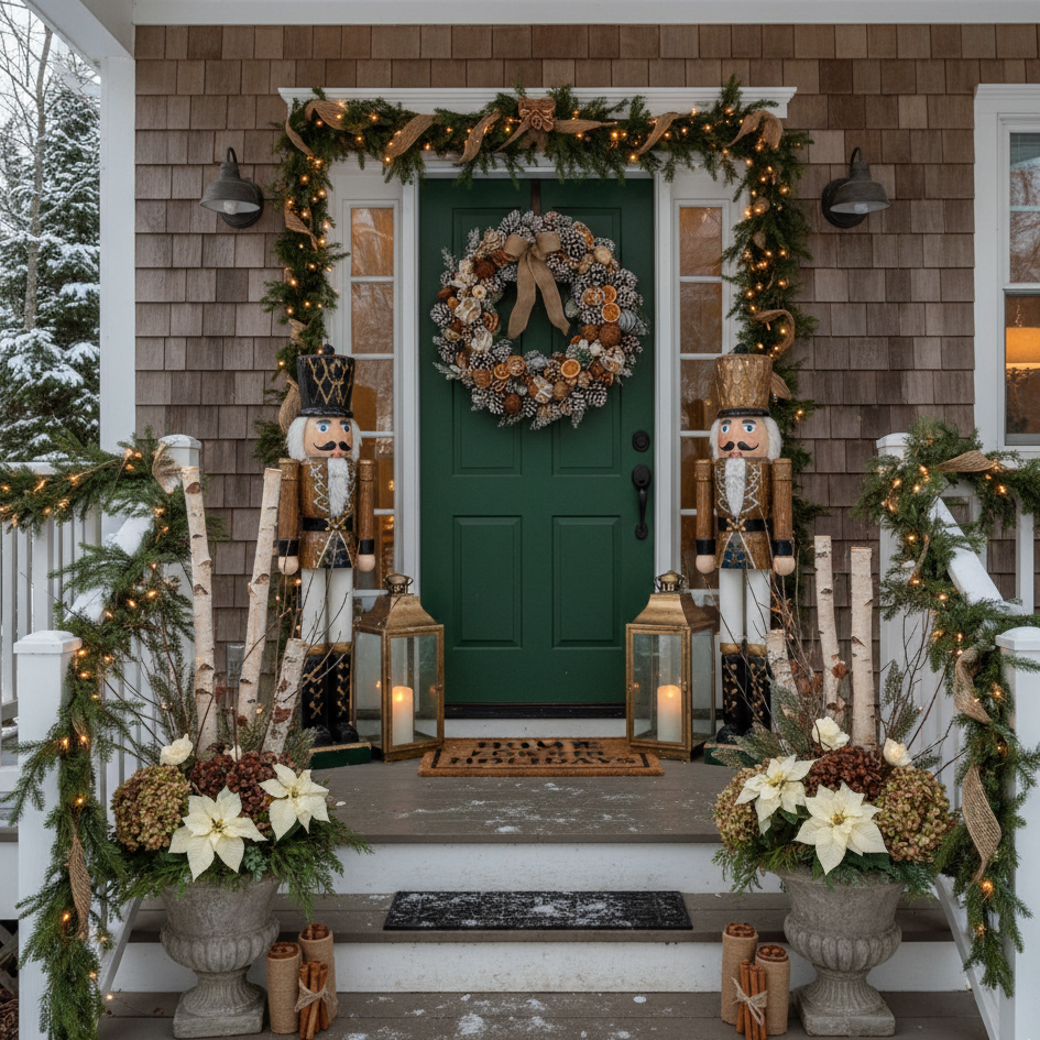 Festive porch with nutcrackers, lanterns, garlands, and large Christmas wreath
