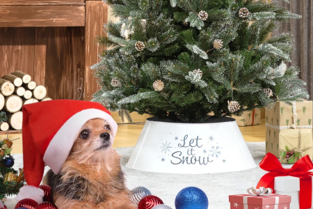 Dog wearing Santa hat beside Christmas tree with white “Let It Snow” collar and festive ornaments.