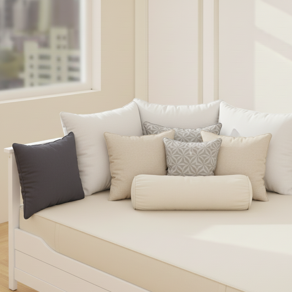 Cozy daybed styled with layered beige and gray cushions in a sunlit room.