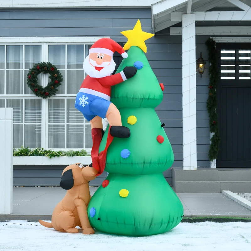 Inflatable Santa climbing Christmas tree with dog pulling pants.