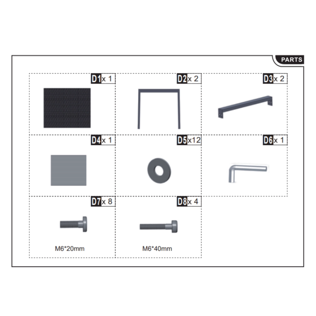 Table parts and hardware displayed in labeled grid.