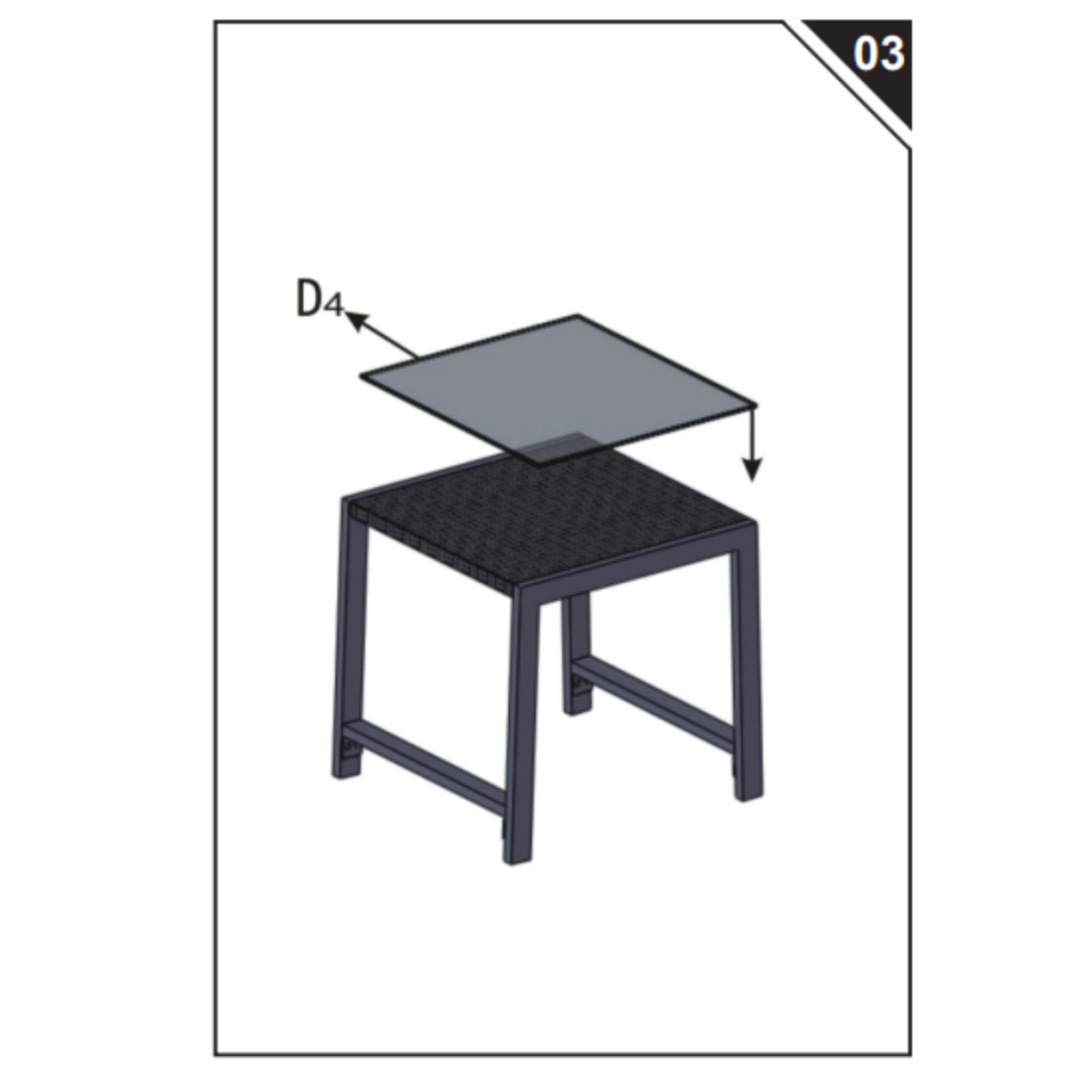 Glass top being lowered onto rattan table frame.