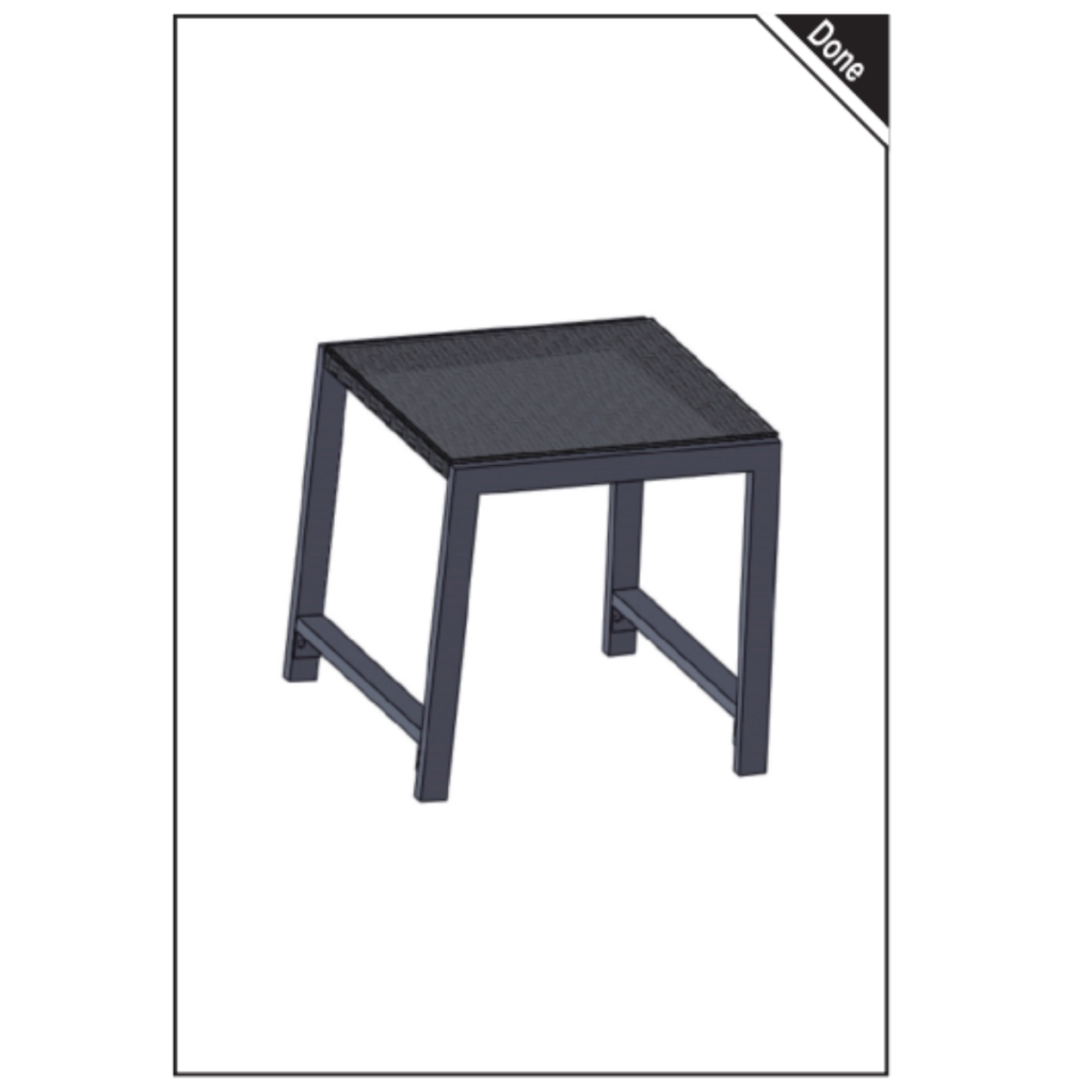 Completed rattan table standing upright after assembly.