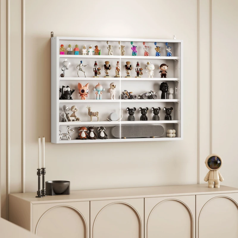 Modern 5-tier white display cabinet with glass doors showcasing collectible figurines