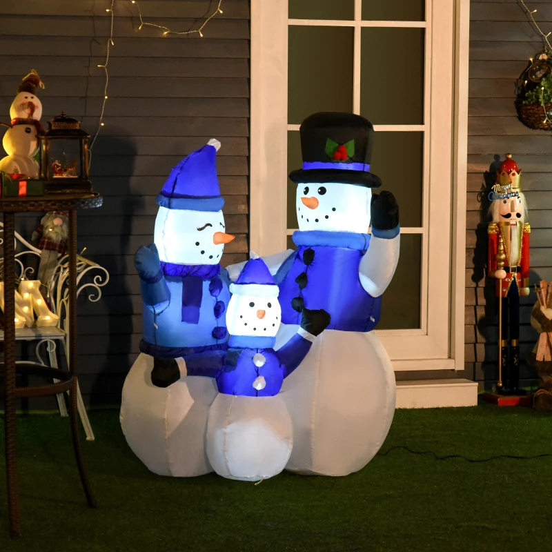 Lighted inflatable snowman family decoration with blue scarves and hats
