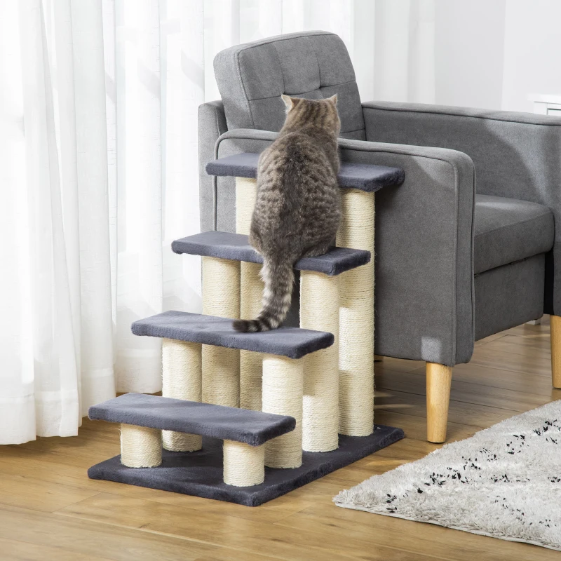 Cat climbing soft 4-step pet stairs beside grey armchair in living room